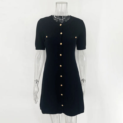 Elegant Knitted Mini Dress – Sexy, Slim Fit, Ribbed Knit, Metal Button, Short Sleeve, Holiday, Party Wear