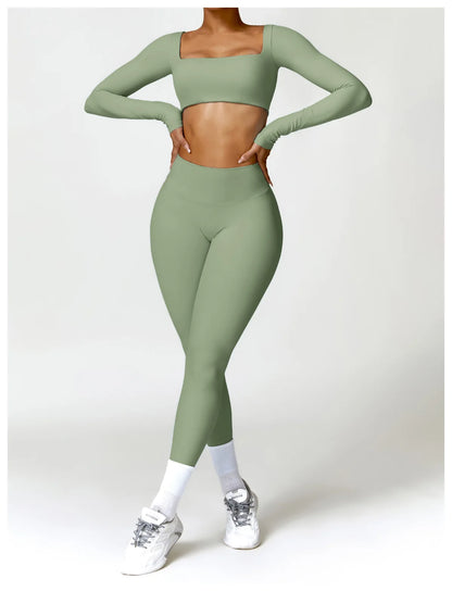 Sportswear Set – Long-Sleeve Top & High-Waisted Shorts or Leggings