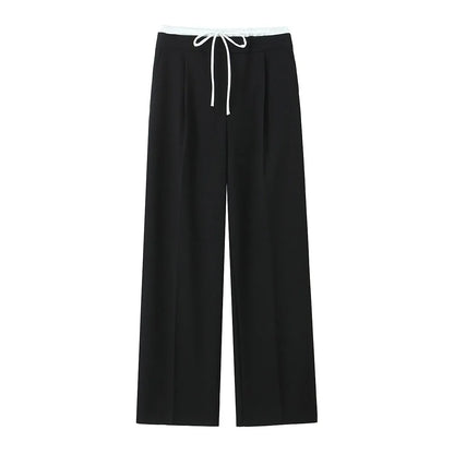 Women Fashion Straight Pants – Solid Color, Lace-Up, Side Zipper, Vintage Style, High Elastic Waist, Chic Lady Trousers