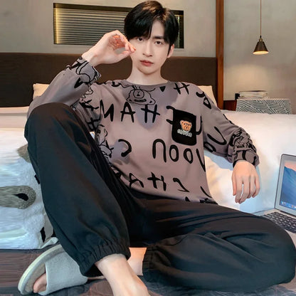 Men's Pajamas Set – 2PCS, Plus Size, Long Sleeve, Loose Fit, Breathable, Cartoon Bear & Striped Letters, Crew Neck Loungewear