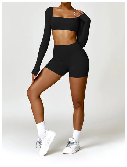 Sportswear Set – Long-Sleeve Top & High-Waisted Shorts or Leggings