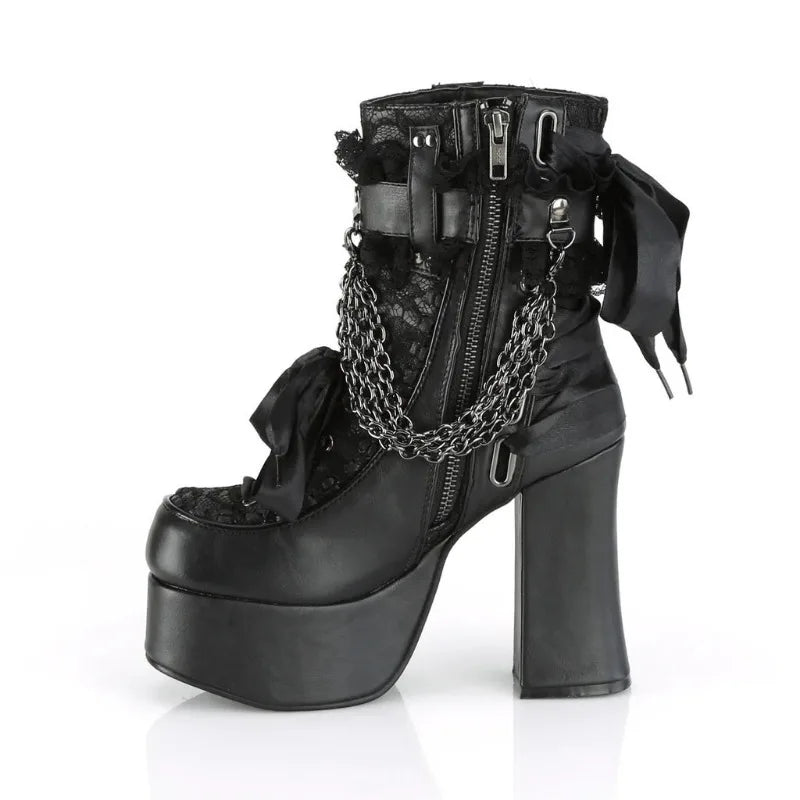 Gothic Style Chain Lace Up Bow Women Short Boots Retro Round Toe Square Heel Chunky Platform Ankle Boots Punk