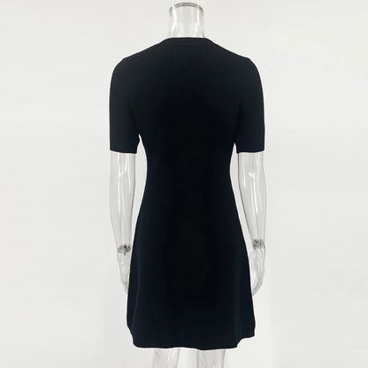 Elegant Knitted Mini Dress – Sexy, Slim Fit, Ribbed Knit, Metal Button, Short Sleeve, Holiday, Party Wear