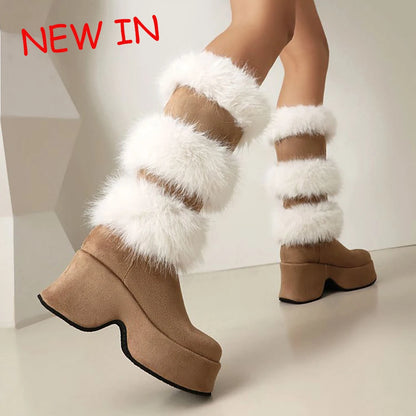 Platform Furry Boots Chunky High Heeled Winter Autumn Knee High Boots Women Faux Fur Zip Gothic Style Punk