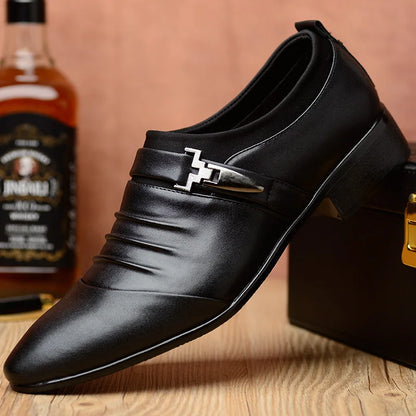 Classic Dress Shoes – Slip-on Black Leather Shoes for Men, Plus Size, Pointed Toe, Business Casual, Formal Shoes for Wedding