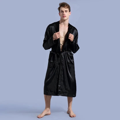 Men's Satin Kimono Robe – V Neck, Long Bathrobe, Sleepwear, Christmas & Wedding Party Loungewear Gown