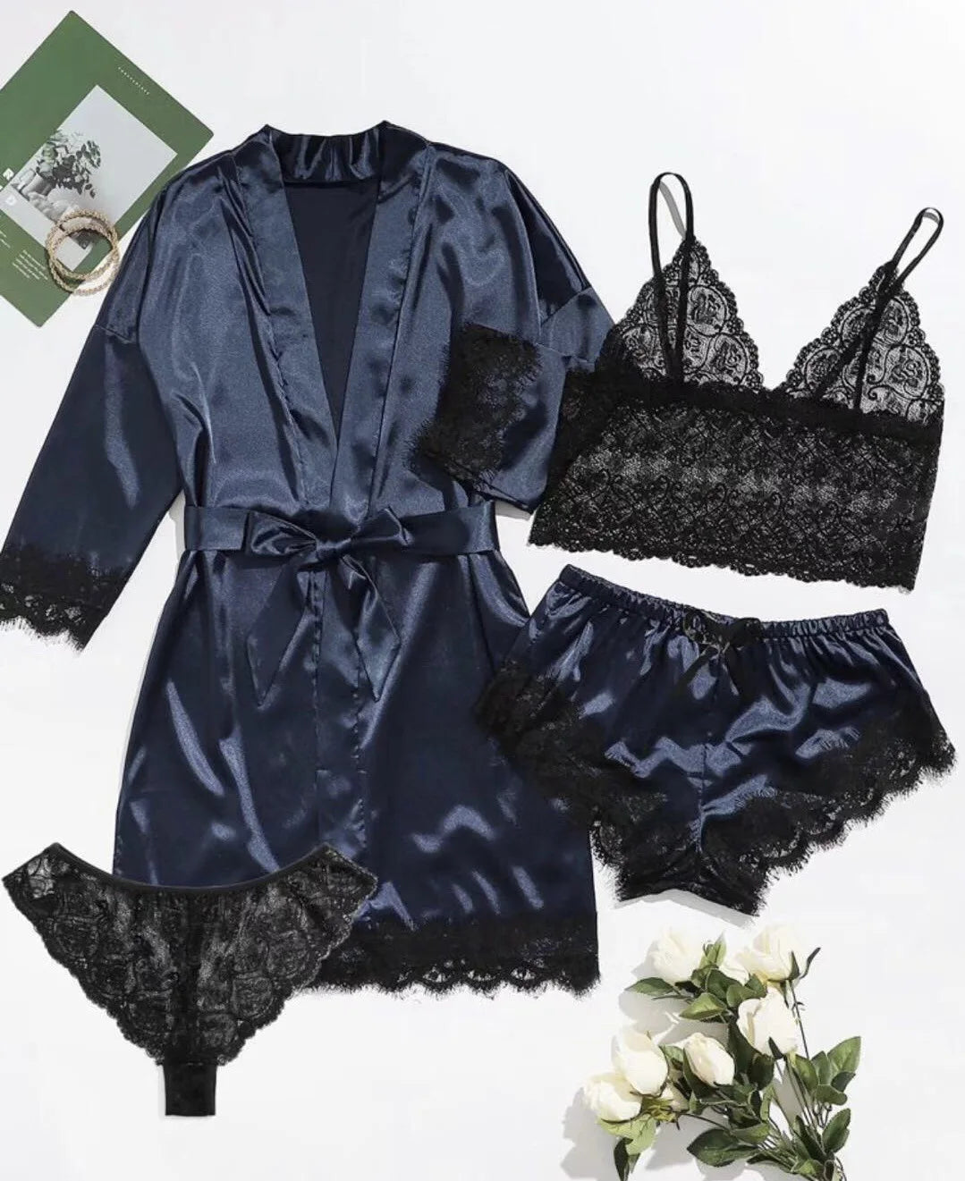 Women Fashion Pajama Print – Sexy Lace Trim Faux Silk Satin Pajama Set Gown, Skin-Friendly Comfort Loungewear, Sexy Pajamas