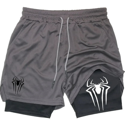 Y2K Performance Shorts Men – Spider Printed, Gym Casual Sports, Compression Shorts, Workout, Running, Mesh 2-in-1 Sport Shorts