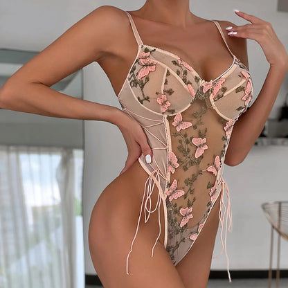 Yimunancy Boho Butterfly Embroidery Mesh Bodysuit – Women's Transparent Lace-Up Sexy Bodysuit, Body Femme