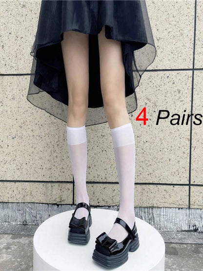 4 Pairs Black White Semi-Transparent Nylon Socks – Classic, Versatile, Comfortable, Breathable, Suitable for Daily Wear