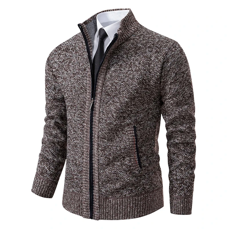 Jersey Men's Casual Sports Coat – Solid Color Stand Collar Sweater, Fleece-Lined, Warm Zipper Cardigan