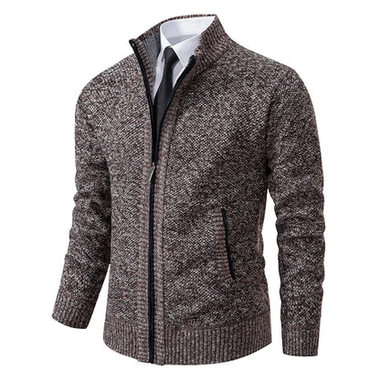 Jersey Men's Casual Sports Coat – Solid Color Stand Collar Sweater, Fleece-Lined, Warm Zipper Cardigan