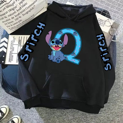 Women's Winter Disney Hoodie – Cute Kawaii Lilo & Stitch, Lucky Letter Print, Black, Fashion Couple Streetwear (Big Size)