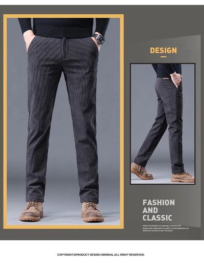 Fleece Men's Corduroy Casual Pants – Chenille Thick Stretch, Mid-Rise, Business Trousers, Winter Thermal Brand Pants