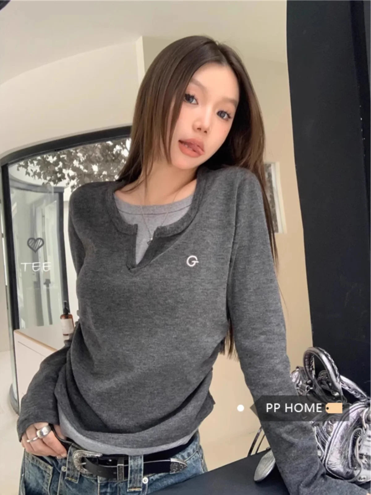 Women's Fake Two-Piece T-Shirt – Long Sleeves, Autumn/Winter, Slim Fit, Slimming Effect, Retro Style, Bottoming Top