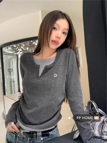 Women's Fake Two-Piece T-Shirt – Long Sleeves, Autumn/Winter, Slim Fit, Slimming Effect, Retro Style, Bottoming Top