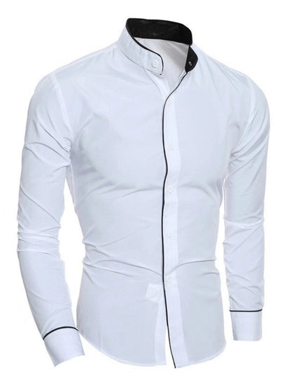 Men's Long-Sleeved Solid Color Shirt – Stand-Up Collar, Comfortable Button-Down, Fashionable Slim Fit Shirt