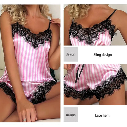 2PCS Women's V-Neck Sexy Lace Suspender Pajama Shorts Set – Casual Sleeveless Sexy Pajama Set
