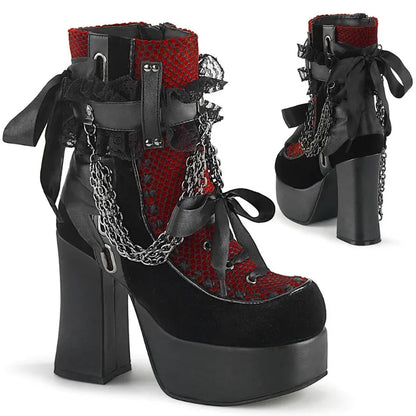 Gothic Style Chain Lace Up Bow Women Short Boots Retro Round Toe Square Heel Chunky Platform Ankle Boots Punk