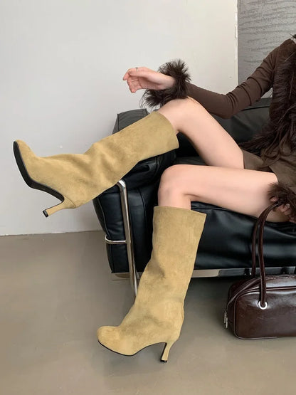 Street Style Round Toe Knee-High Women Boots – Punk Thin High Heels, Female Long Booties for Winter
