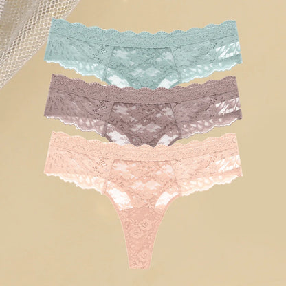 3PCS Lace Hollow Out Thong Panties – Sexy Floral Print, Solid Color, Low Waist, Breathable G-String Lingerie