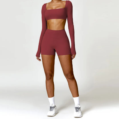 Sportswear Set – Long-Sleeve Top & High-Waisted Shorts or Leggings