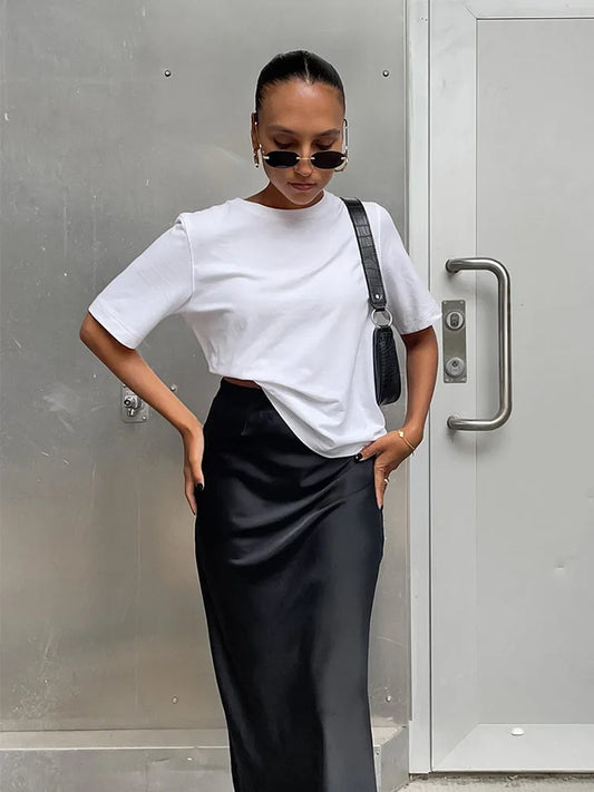 Elegant Satin Trumpet Skirt – Slim Fit, High Waist, Solid Color, Office Wear, Long Skirt, Spring Summer