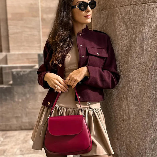 Women's Soft Tweed Bomber Jacket – O-Neck, Long Sleeve, Button-Up, Loose Woolen Streetwear Coat
