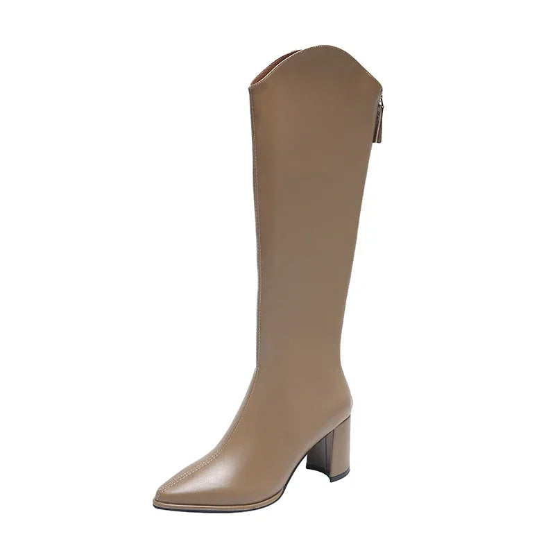 Zipper Boots with Thick High Heels – Simple Design, Knee High, Autumn & Winter Boots