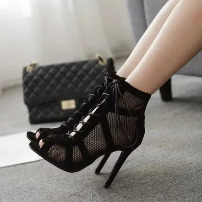 Sexy High Heels Hollow Mesh Sandals - Cross-tied, Peep Toe, Ankle Strap Dance Shoes