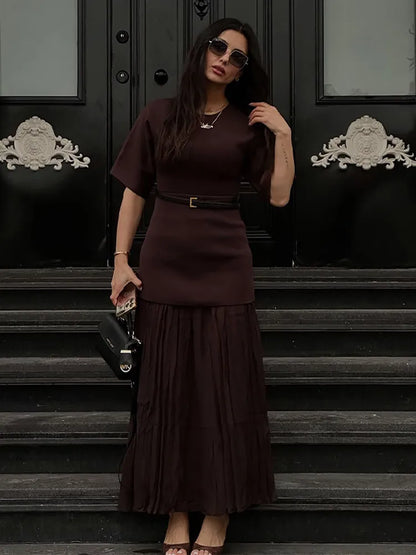 Chic Splicing Brown Maxi Dress – Half Sleeve, Pleated A-line, Slim Fit, Casual Office Commute Streetwear