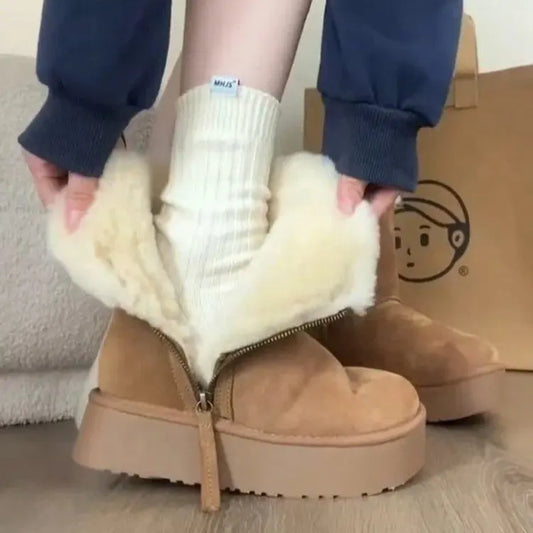 Thick Cotton Boots with Added Fleece – New Warm Fur Integrated Short Tube Thick Sole Snow Boots, Women's Side Zipper