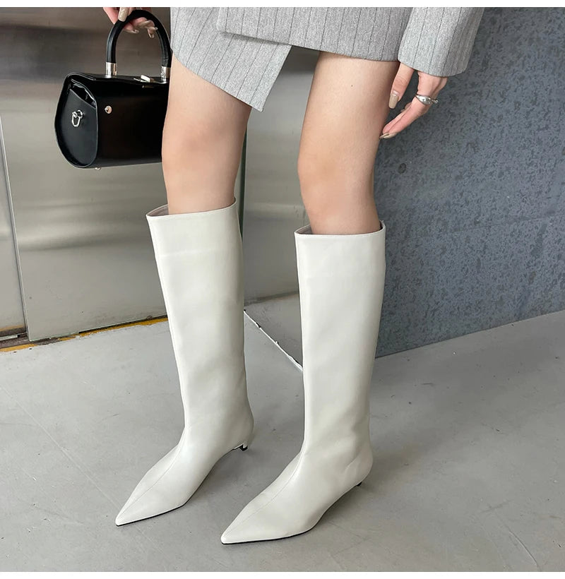 Fashion Sexy Pointed Low Heels Boots - Women's Knee-High PU Sewing Western Boots for Spring/Autumn Party