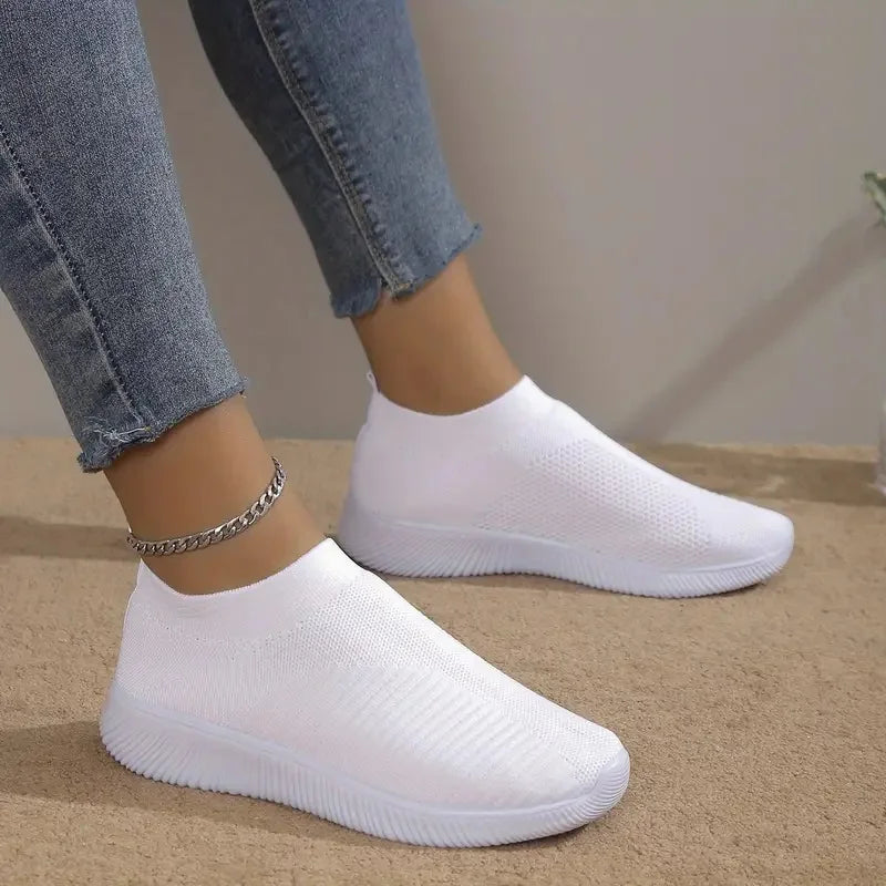 Solid Color Mesh Sneakers – Flying Woven Walking Fashion Slip-on Flat Shoes for Sports, Running, and Tennis
