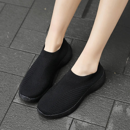 Solid Color Mesh Sneakers – Flying Woven Walking Fashion Slip-on Flat Shoes for Sports, Running, and Tennis