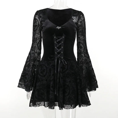 Gothic Long Sleeve Ruffle Mini Dress Women's Vintage V Neck Velvet Stretchy Bodycon