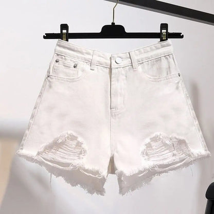 Women's Cowboy Shorts – Korean Style, High Waist, Casual, Denim, Pocket Design, Tassel, Perforated, Ripped Holes, Y2K White Jeans