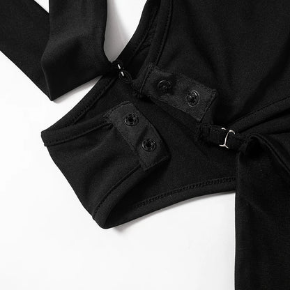 Zip Turtleneck Buckle Cutout Bodysuit – Long Sleeve, Sexy Club Romper, Black Techwear Jumpsuit for Women