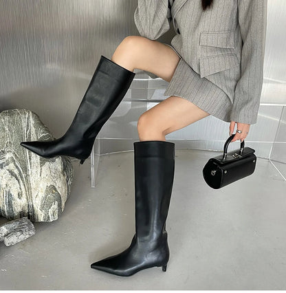 Fashion Sexy Pointed Low Heels Boots - Women's Knee-High PU Sewing Western Boots for Spring/Autumn Party