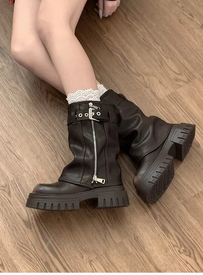 Biker Boots – Fashion Belt Buckle Ladies Elegant Platform Flats, Short Booties Casual Women’s Knight Booties, Winter Boots for Women