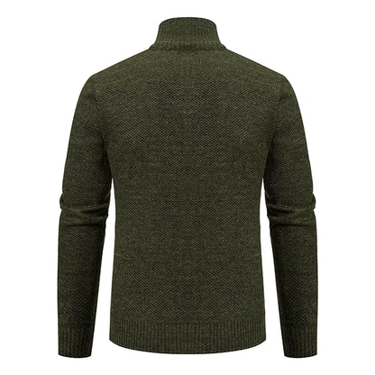 Jersey Men's Casual Sports Coat – Solid Color Stand Collar Sweater, Fleece-Lined, Warm Zipper Cardigan