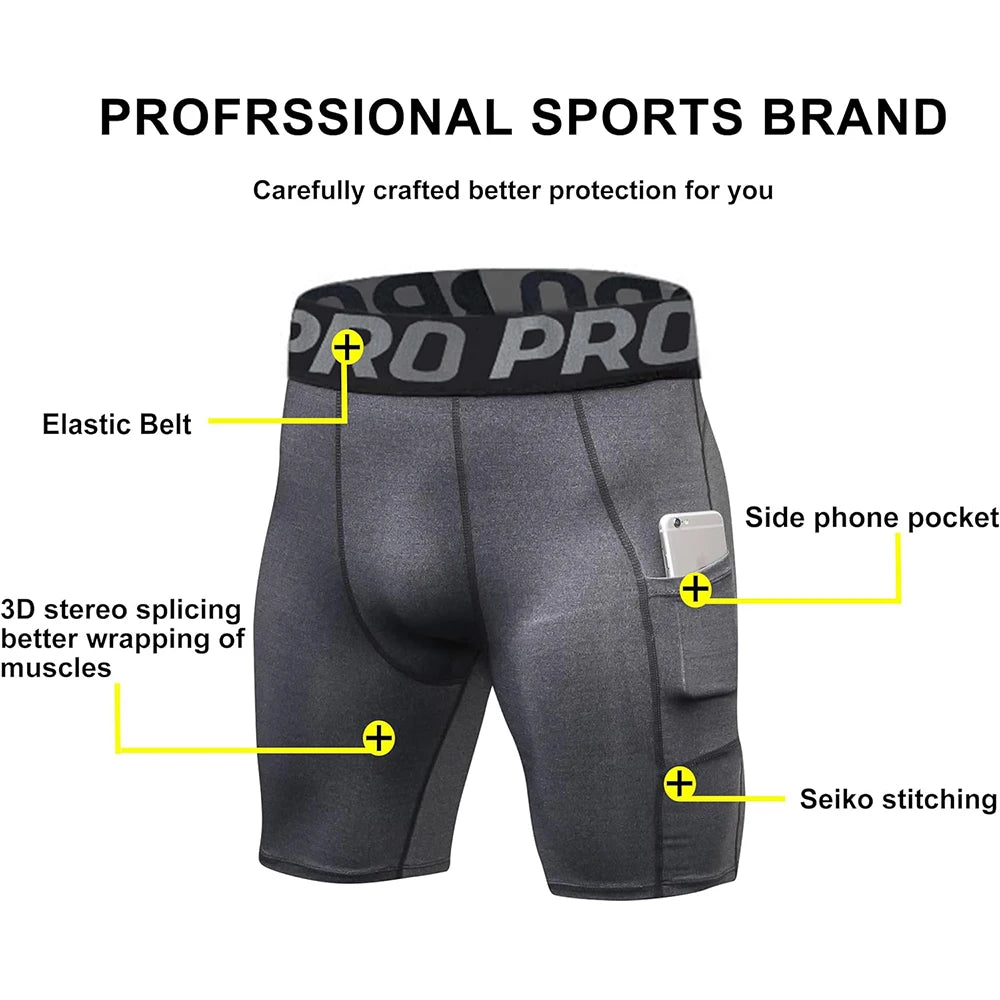 Men's Gym Shorts with Pockets – Workout Compression Leggings, Polyester Boxer Briefs, Running, Basketball, Athletic Tights