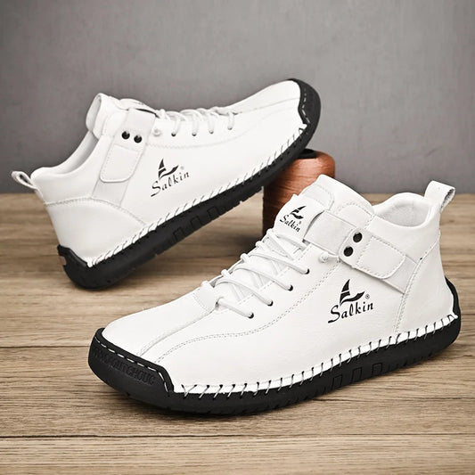 Handmade Leather Casual Men Shoes – Designer Sneakers, Breathable Leather Ankle Boots for Men, Outdoor Footwear