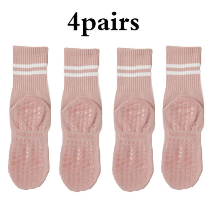 4 Pairs Medium length Socks, Pure Cotton Anti Slip Silicone Indoor Fitness Pilates