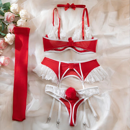 Lace Bra Set – Women's 4-Piece Lingerie Set with Stockings, Floral Bra, Panty & Garter Kit, Sexy Erotic Intimates
