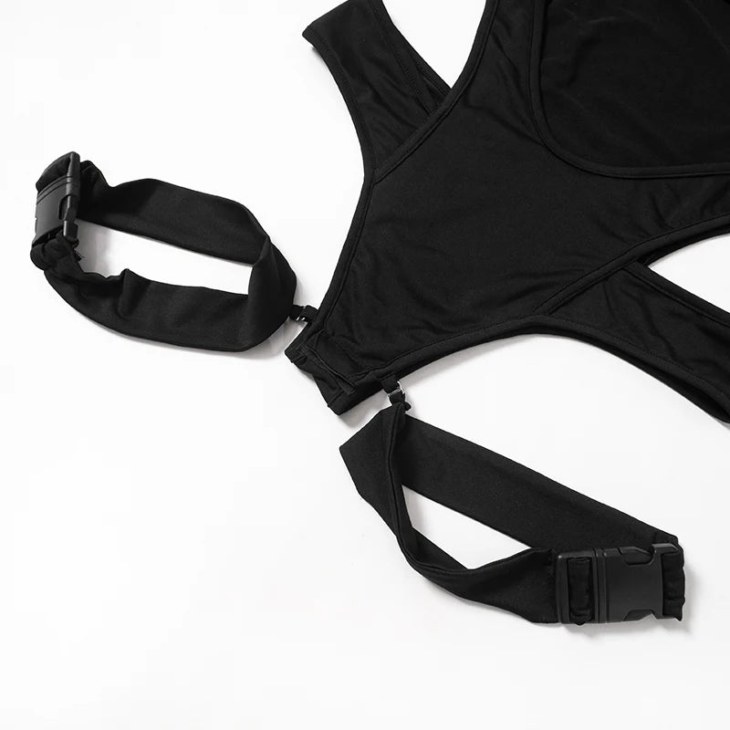 Zip Turtleneck Buckle Cutout Bodysuit – Long Sleeve, Sexy Club Romper, Black Techwear Jumpsuit for Women