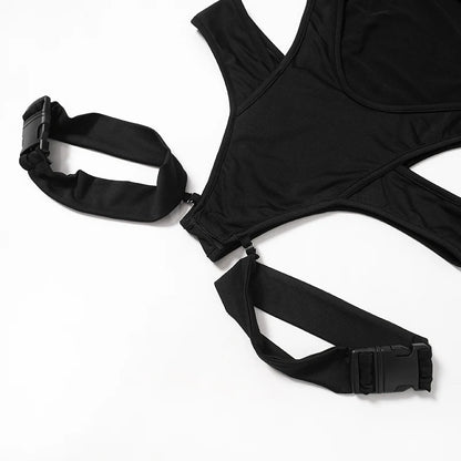 Zip Turtleneck Buckle Cutout Bodysuit – Long Sleeve, Sexy Club Romper, Black Techwear Jumpsuit for Women