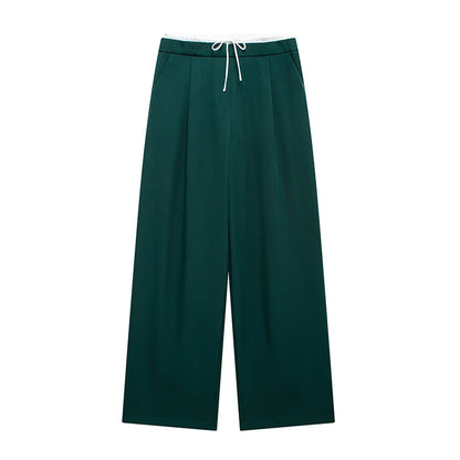 Women Fashion Straight Pants – Solid Color, Lace-Up, Side Zipper, Vintage Style, High Elastic Waist, Chic Lady Trousers