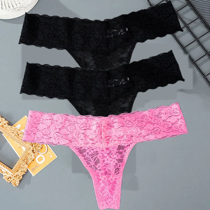 3PCS Lace Floral Thong Panties – Low Waist, Breathable, Sexy, Transparent, Solid Color Women's Underwear