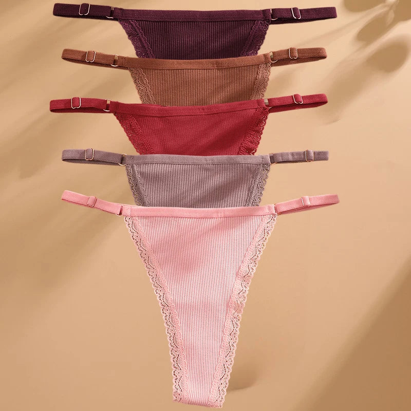 5PCS Sexy G-String Panties – Cotton, Adjustable Waist, Women's Bikini Thongs Lingerie